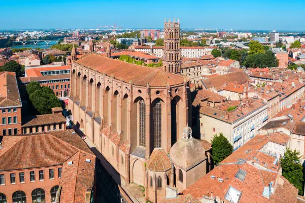 Church of the Jacobins aerial panoramic view, a Roman Catholic church located in Toulouse city, France