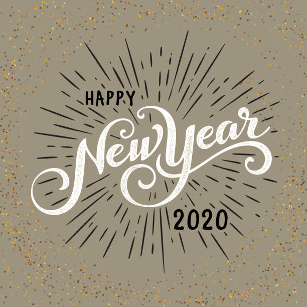 Vintage festive label with burst Happy 2020 New Year Greeting Card. Holiday Vector Illustration With Lettering Composition And Burst. Vintage festive label 2020 stock illustrations