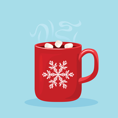 Steaming hot chocolate with marshmallows in red cup with white snowflake. Hot winter drink isolated on white background. Vector illustration of sweet cocoa in cartoon flat style