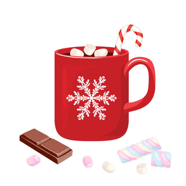 흰색 배경에 고립 된 눈송이와 빨간 머그잔에 핫 초콜릿 마시멜로 크리스마스 사탕 초콜릿 조각을 곁들인 코코아 음료 만화 간단한 평면  스타일의 벡터 일러스트레이션입니다 핫 초콜릿에 대한 스톡 벡터 아트 및 기타 이미지 -