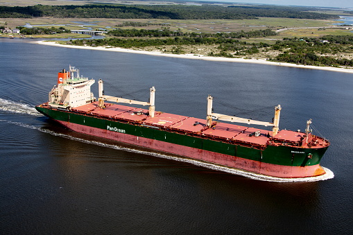 Aerial view of Bulk ship Brassiana on the St Johns River Jaxport Jacksonville Florida photograph taken August 2019