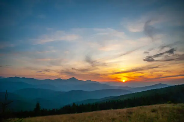 Sunset in the Carpathian mountains in summer