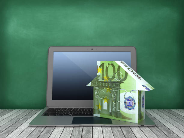 istock Laptop with Euro Bill Puzzle House on Chalkboard Background - 3D Rendering 1171568522