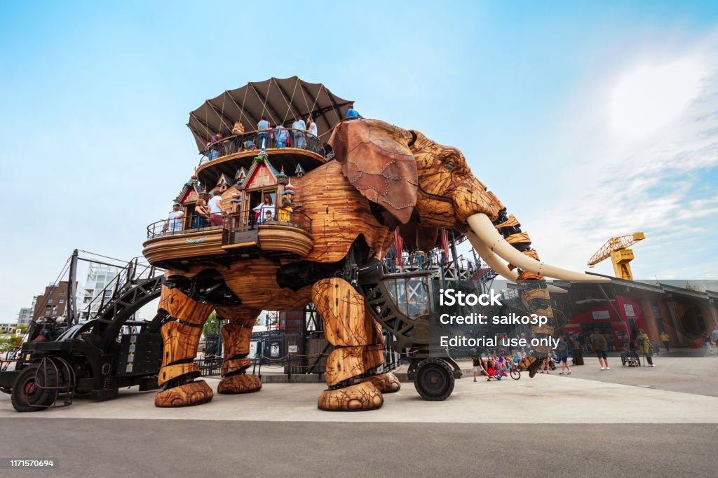 Elephant Machines Isle of Nantes NANTES, FRANCE - SEPTEMBER 16, 2018: Machines of the Isle of Nantes is a artistic, touristic and cultural project based in Nantes, France Nantes Stock Photo