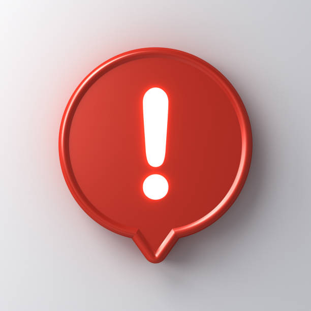 istock Neon light exclamation mark icon in red round pin 3d social media notification isolated on white background with shadow 1171571432