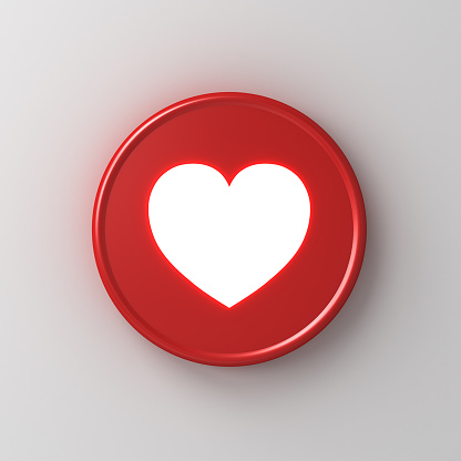 Neon light love like heart icon in red round badge button 3d social media notification sign isolated on white wall background with shadow 3D rendering