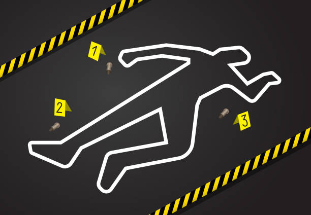 Crime scene, do not cross police tape. Chalk outline from the murder Crime scene, do not cross police tape. Chalk outline from the murder scene, circled the body, and there are marks near the evidence of the gun shells. Place of murder crime scene investigation stock illustrations