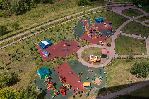 Aerial view of the playground and workout place for children. Active health concept image