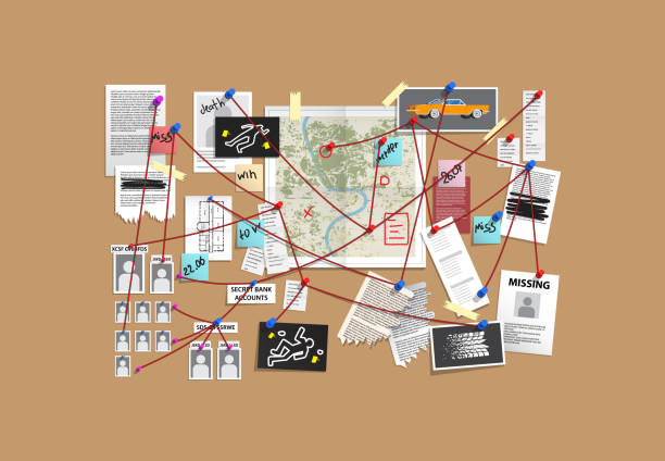 Detective Board with pins and evidence, crime investigation Detective wall with pins and evidence, crime investigation. Investigation wall with pinned photos, newspapers and notes. Cops plan for solve the crime. Detective wall vector illustration. cutting board stock illustrations
