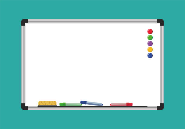 Office board Office board. Concept for school or business presentations. Empty board with magnets and markers. White school board. Vector illustration. whiteboard visual aid stock illustrations