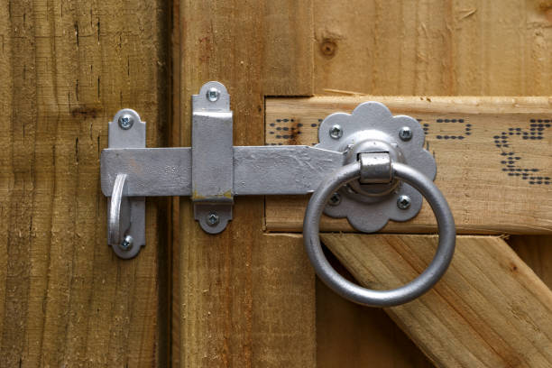 istock Metal Round Ring Latch Handle Fitted On Wooden garden gate 1171580246