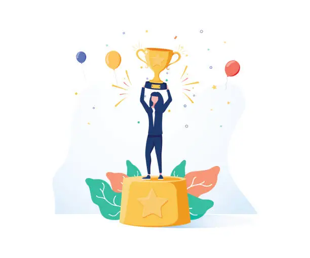 Vector illustration of Beautiful smiling businesswoman is standing on a winners pedestal with a golden cup and confetti around.