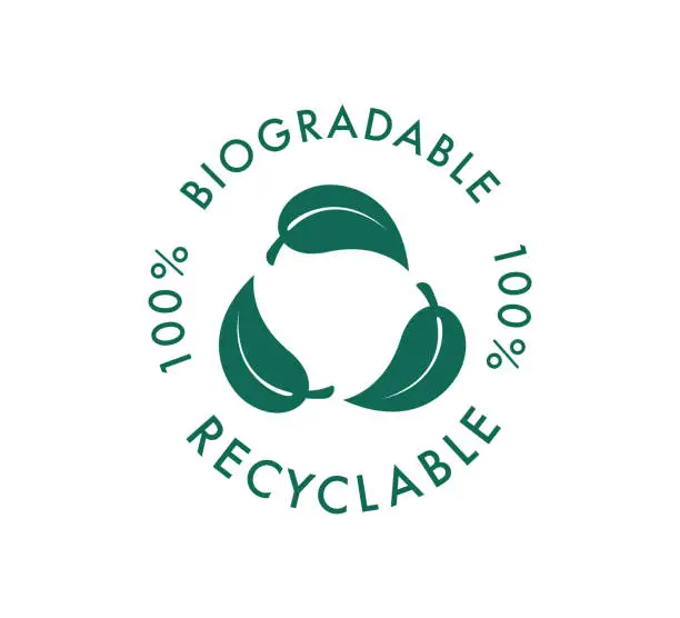 Vector illustration of Biodegradable recyclable vector icon. 100 percent bio recyclable and degradable package packet logo. Biodegradable