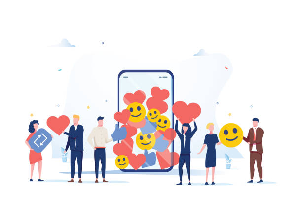 illustrazioni stock, clip art, cartoni animati e icone di tendenza di aumenta i tuoi follower sui social media con strategie di marketing di successo, persone che portano mi piace e reazioni - icona mi piace illustrazioni
