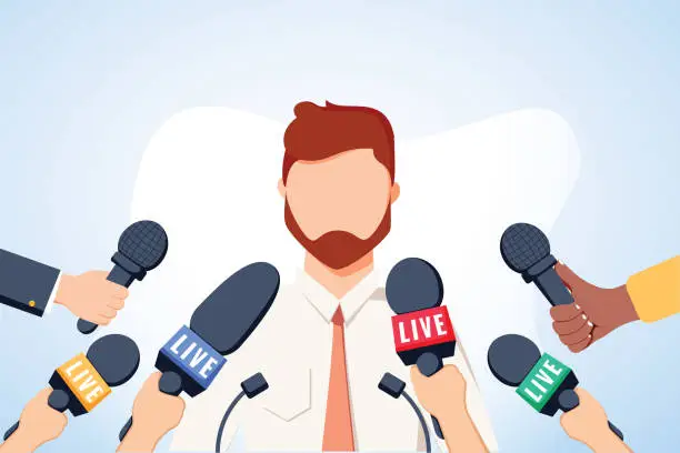 Vector illustration of Tv interview microphones, broadcasting male speech. Happy popular young man recording opinion, business, political