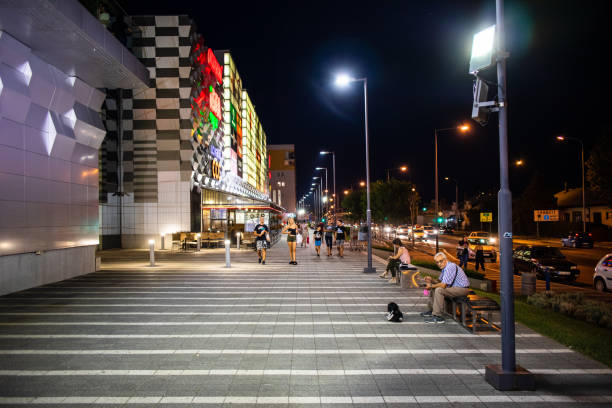 Kragujevac, Serbia - august 30 2019: Shopping centre Plaza in Kragujevac at evening. Pedestrian zone in front of centre.
