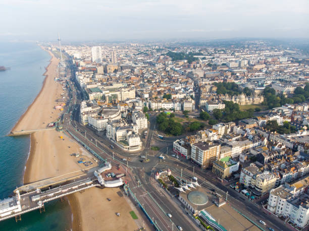 Aerial photo of the Brighton beach and coastal area located in the south coast of England UK that is part of the City of Brighton and Hove, taken on a bright sunny day stock photo