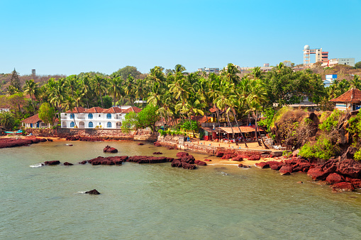 Sinquerim Beach, Sinquerium, Kandoli, Goa, India. The palm trees grow along the beautiful Indian ocean beach.