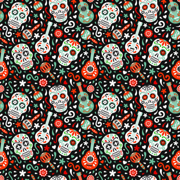 Mexican traditional Day of the Dead vector seamless pattern. Mexican traditional Day of the Dead vector seamless pattern. National flag colored ornate background of for fabric prints, wallpaper. Tribal design colorful ornament. EPS 10 illustration guitar designs stock illustrations