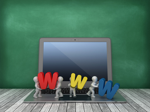 Laptop with Business People Carrying WWW Letters on Chalkboard Background - 3D Rendering