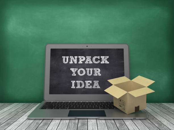 istock Laptop with UNPACK YOUR IDEA Phrase and Cardboard Box on Chalkboard Background - 3D Rendering 1171586145