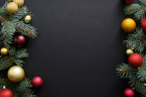 istock Black Christmas background with festive decorations, baubles, fir tree branches. Christmas holiday celebration, winter, New Year concept. Christmas frame banner mockup, greeting card template. 1171586267
