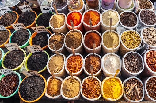 Bags with spices at the market in Goa in India