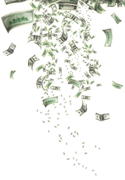 conceptual flying large group of money over white