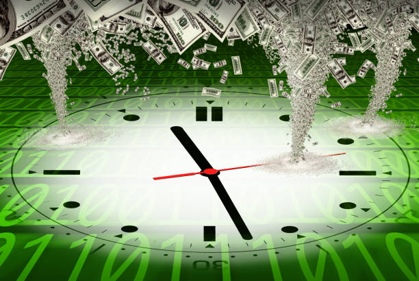 istock storm of money tornado over binary codes and clock face 1171592739