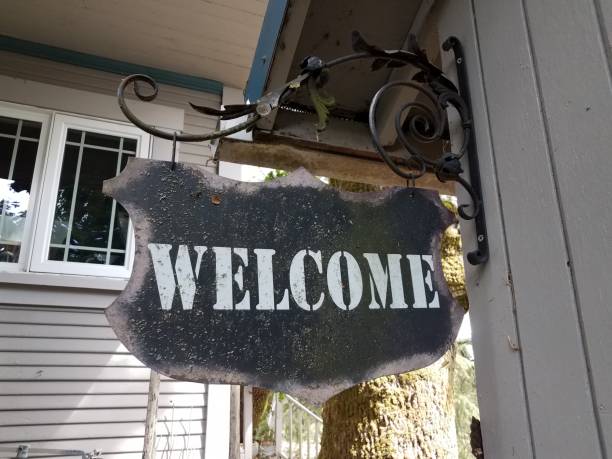 istock weathered black metal welcome sign hanging on wall 1171600512