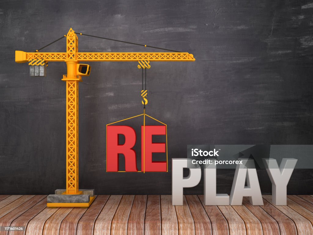 Tower Crane with REPLAY Word on Chalkboard Background - 3D Rendering Replay Stock Photo