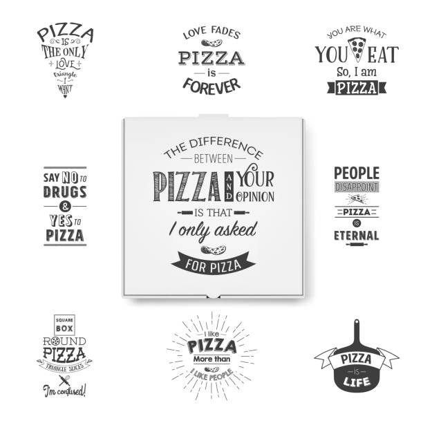 illustrazioni stock, clip art, cartoni animati e icone di tendenza di vector 3d realistico bianco pizza box modello con virgolette tipografiche primo piano isolato su sfondo bianco. mockup per logo, design aziendale. vista dall'alto - cardboard box white background paper closed