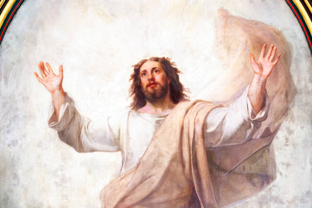 Detail of old fresco of Jesus Christ, background with copy space Detail of old fresco of Jesus Christ, from church build 1854 in Karlovy Vary Czech Republic, background with copy space, horizontal composition fine art image pictures stock pictures, royalty-free photos & images