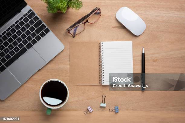 Desk with various gadgets and office supplies. Flat lay Stock Photo by  ©halfpoint 106862834