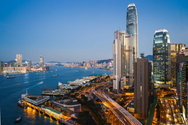 View of the Hong Kong skyline Central District - Hong Kong, Hong Kong, Hong Kong Island, Two International Finance Center, Victoria Harbour - Hong Kong central district hong kong stock pictures, royalty-free photos & images
