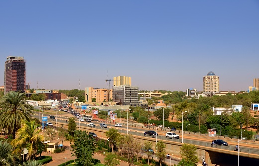 Niamey, Niger: ciity skyline from François Mitterrand avenue - Radisson Blue, Sonidep, BCEAO, Noom Hotel, Euro World, WAQF tower, BDRN building...