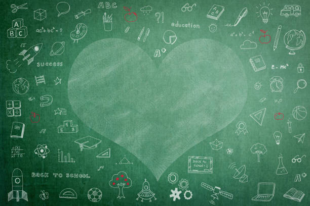 Doodle freehand white chalk drawing on green chalkboard with heart copy space for Educational back to school and teacherâs day concept