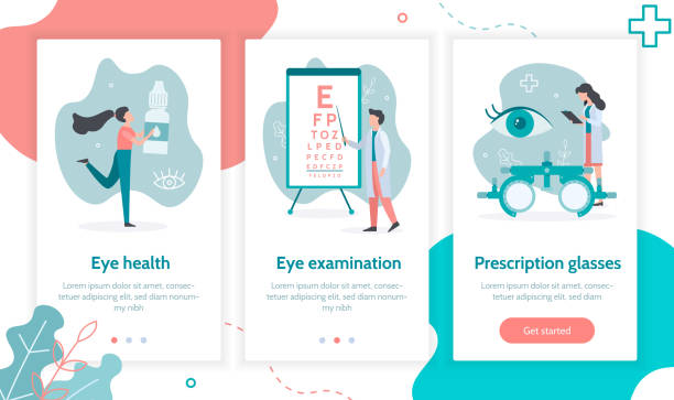 Onboarding screens template for ophthalmology Three steps to eye health. Ophthalmology concept. Onboarding screens template for mobile applications and websites. Flat vector illustration. eye test equipment stock illustrations