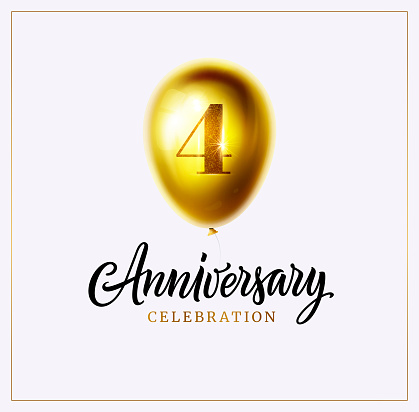 4 Anniversary celebration. Golden balloon, four years sign and anniversary logo isolated on white. Vector illustration for party invitation, banner, card, event poster, leaflet, booklet cover.