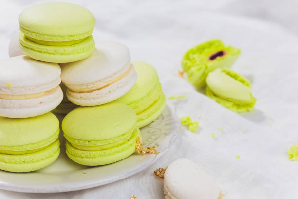 istock Colorful French or Italian macarons stack on white plate put on table with copy space for background. Dessert for served with afternoon tea or coffee break. Beautiful meal background with blank. 1171613778