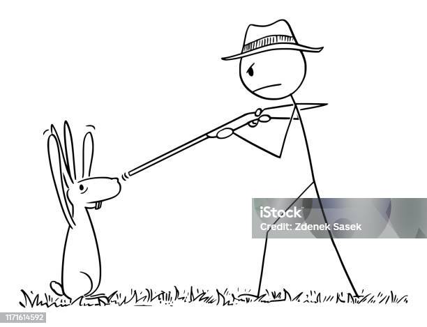  Ilustración de Dibujos Animados Vectoriales Del Hombre Con Rifle O Cazador Apuntando Su Arma A Conejo O Liebre O Conejo Animal Entregado Con Las Manos O Las Patas Hacia Arriba y más