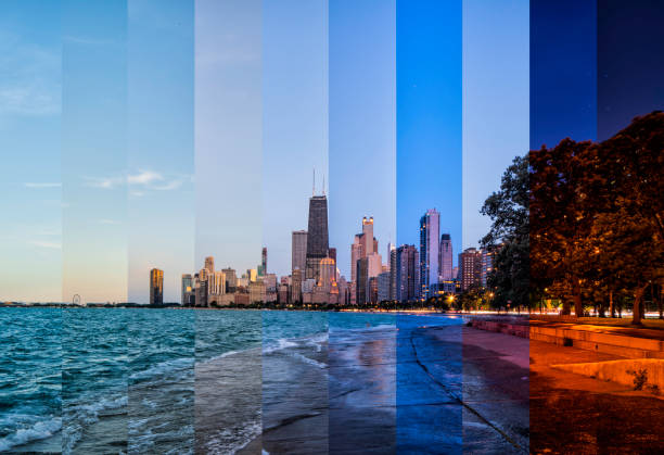 chicago skyline - transition de jour en nuit - north avenue beach photos et images de collection