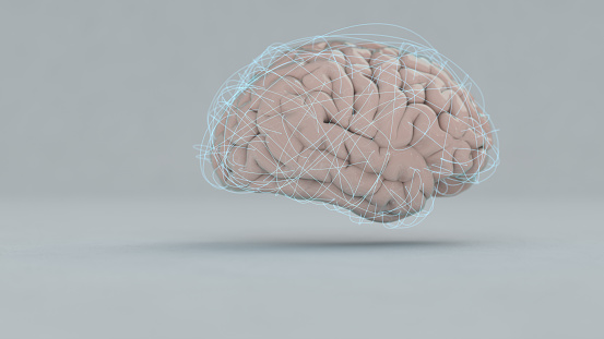 Brain with a web of glowing paths representing synaptic transmission