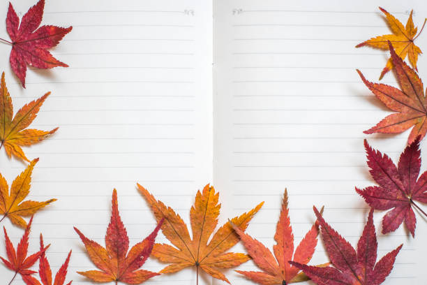 istock Blank note book paper texture line pattern background for handwriting with colorful autumn leaves frame 1171621948