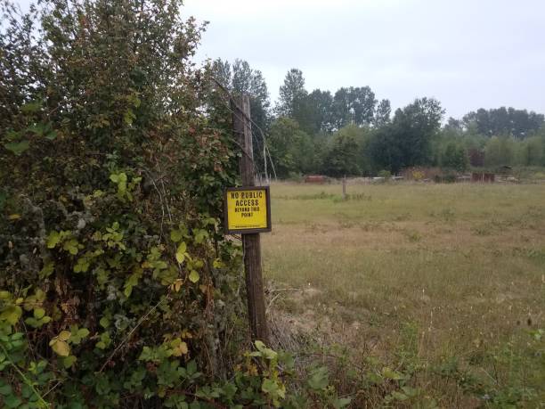 istock yellow no public access beyond this point sign with green plants 1171625122