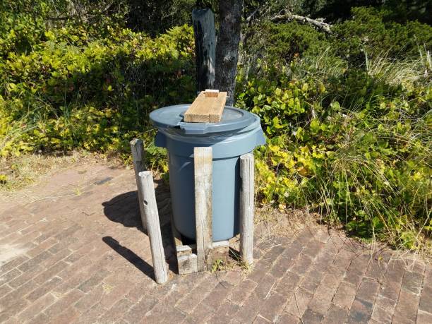 istock trash can with bricks and green plants with wood posts 1171626157