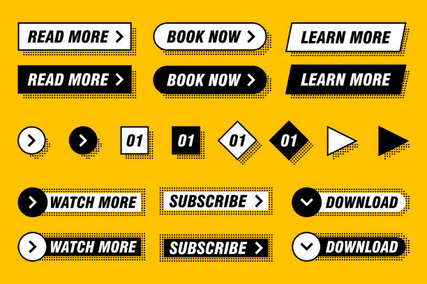illustrations, cliparts, dessins animés et icônes de ensemble de boutons modernes dans différentes conceptions et couleurs comme le jaune, le noir, le blanc. prêt à l'emploi dans la conception de votre page web ou de votre application mobile - bouton poussoir