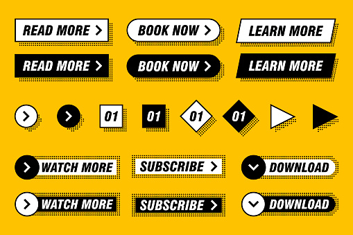 Set of modern buttons in different designs and colors like yellow, black, white. Ready to use in your web page or mobile app design. Infographic elements.