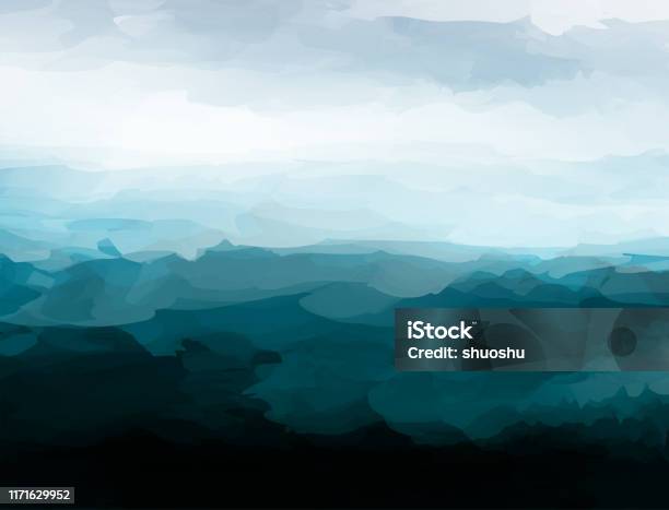Chaos Style Mountain Landscape Vector Watercolor Pattern Poster Stock Illustration - Download Image Now