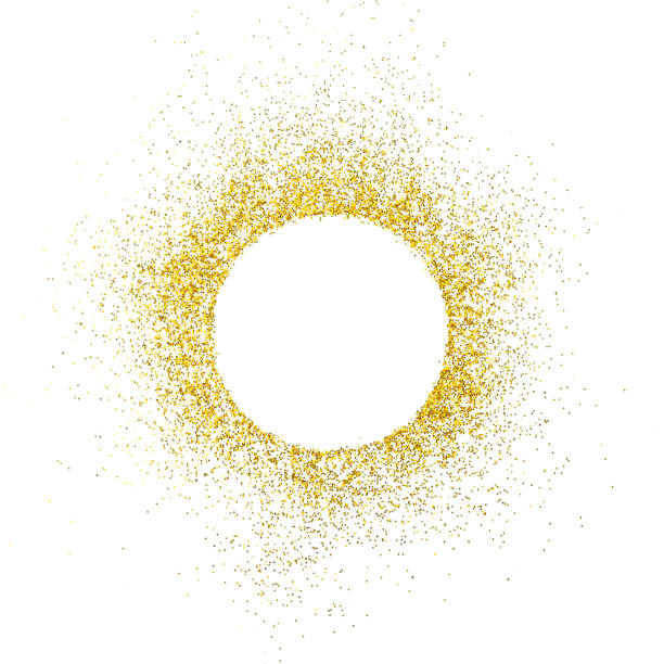 Gold sparkles on white background. White circle shape for text and design. stock photo